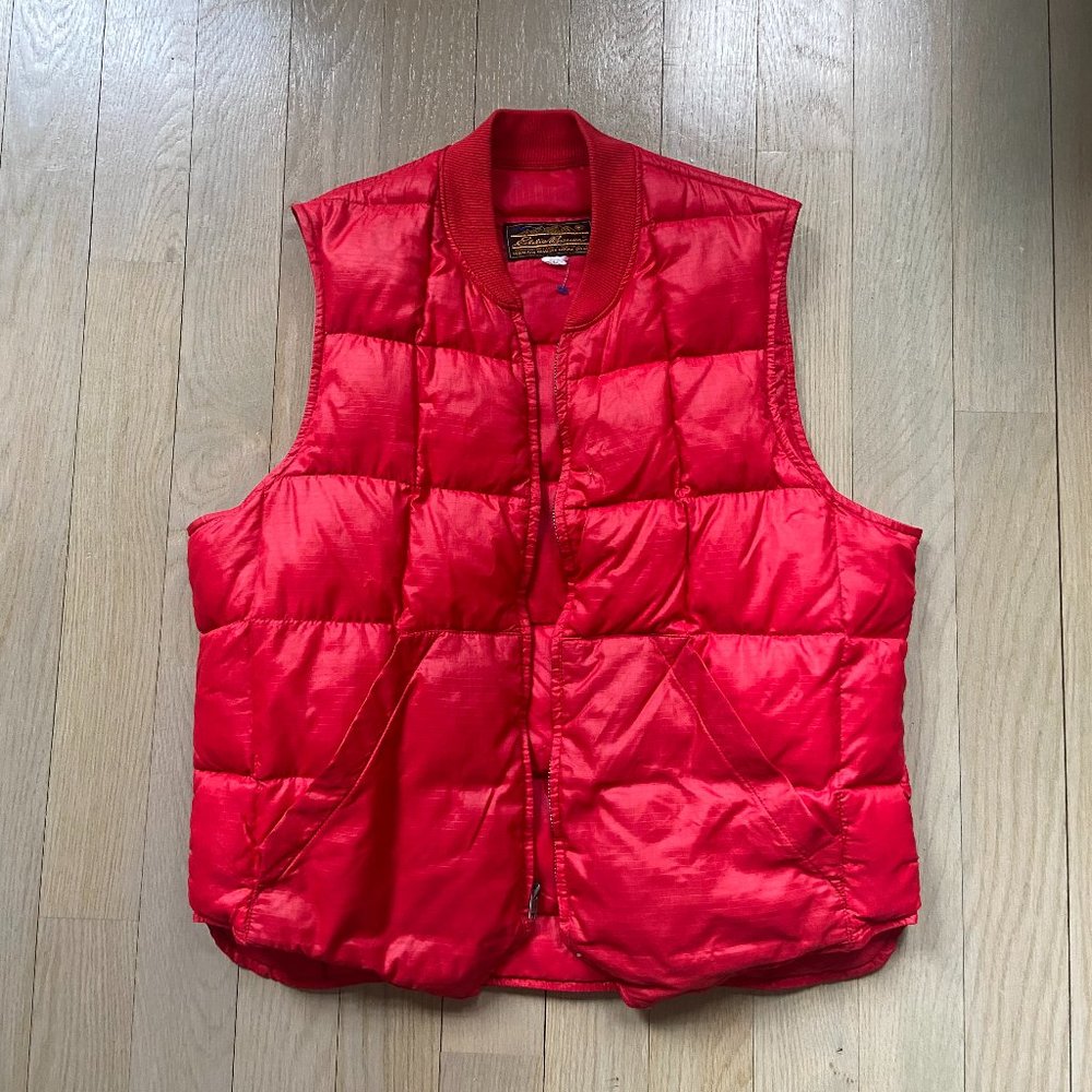 70s Vintage Red Eddie Bauer Down Nylon Vest Talon Zipper Made in USA